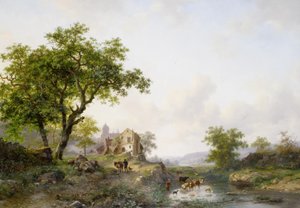 Summer landscape with cattle near a river